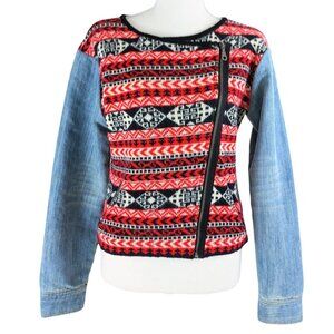 Moto Jacket Sweater Medium Wool Blend Denim Asymmetrical Zip Red Blue Aztec Prin